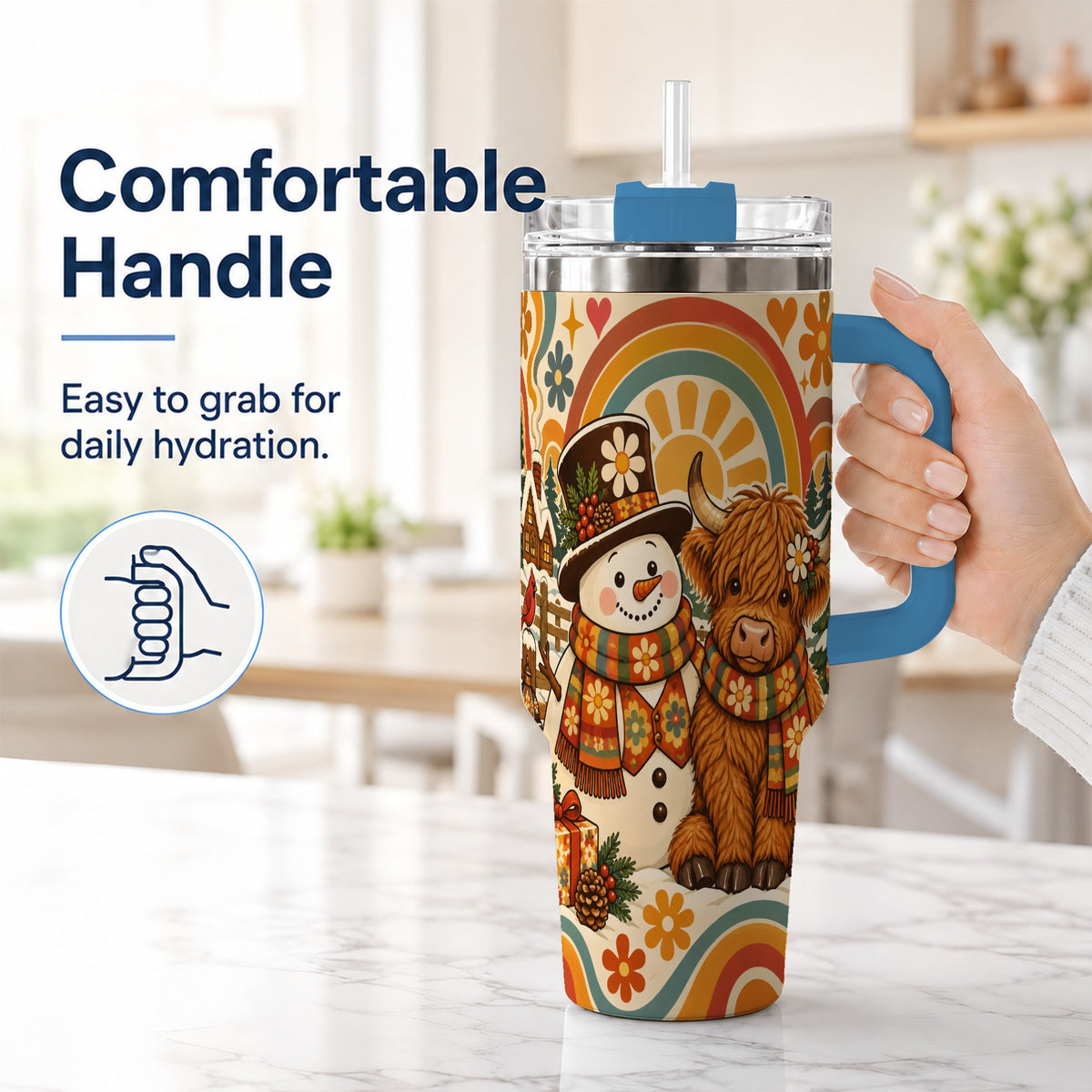 #pl[40oz|Blue] Retro Cow Snowman 40oz Tumbler with Handle, Winter Stainless Steel Cup
