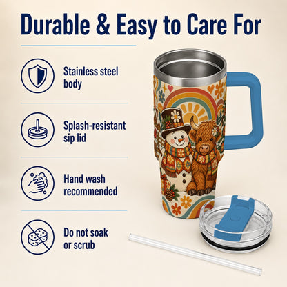 #pl[40oz|Blue] Retro Cow Snowman 40oz Tumbler with Handle, Winter Stainless Steel Cup