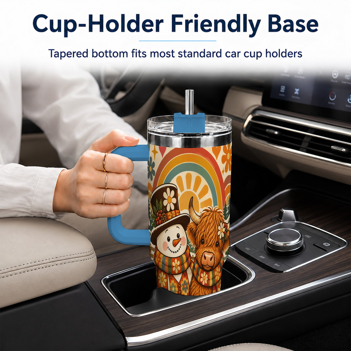 #pl[40oz|Blue] Retro Cow Snowman 40oz Tumbler with Handle, Winter Stainless Steel Cup