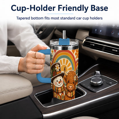#pl[40oz|Blue] Retro Cow Snowman 40oz Tumbler with Handle, Winter Stainless Steel Cup
