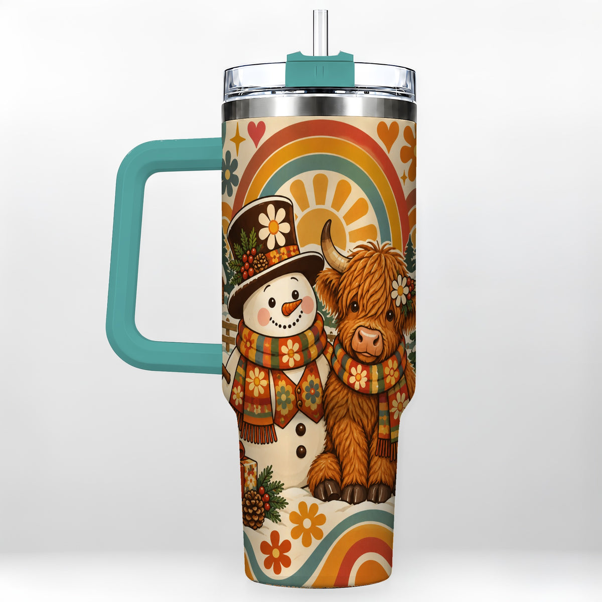 #pl[40oz|Green] Retro Cow Snowman 40oz Tumbler with Handle, Winter Stainless Steel Cup