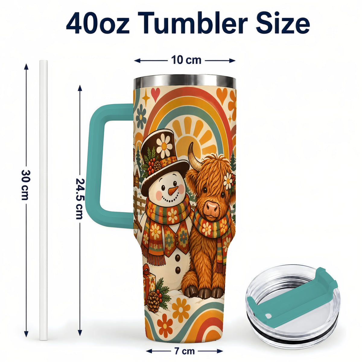 #pl[40oz|Green] Retro Cow Snowman 40oz Tumbler with Handle, Winter Stainless Steel Cup