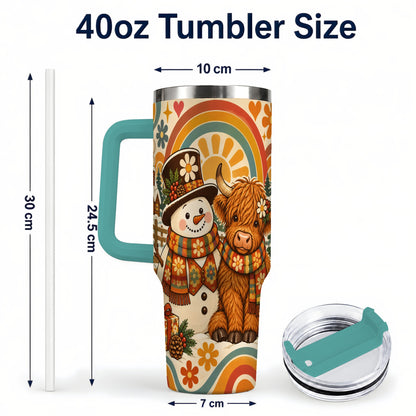 #pl[40oz|Green] Retro Cow Snowman 40oz Tumbler with Handle, Winter Stainless Steel Cup