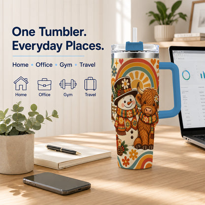 #pl[40oz|Blue] Retro Cow Snowman 40oz Tumbler with Handle, Winter Stainless Steel Cup