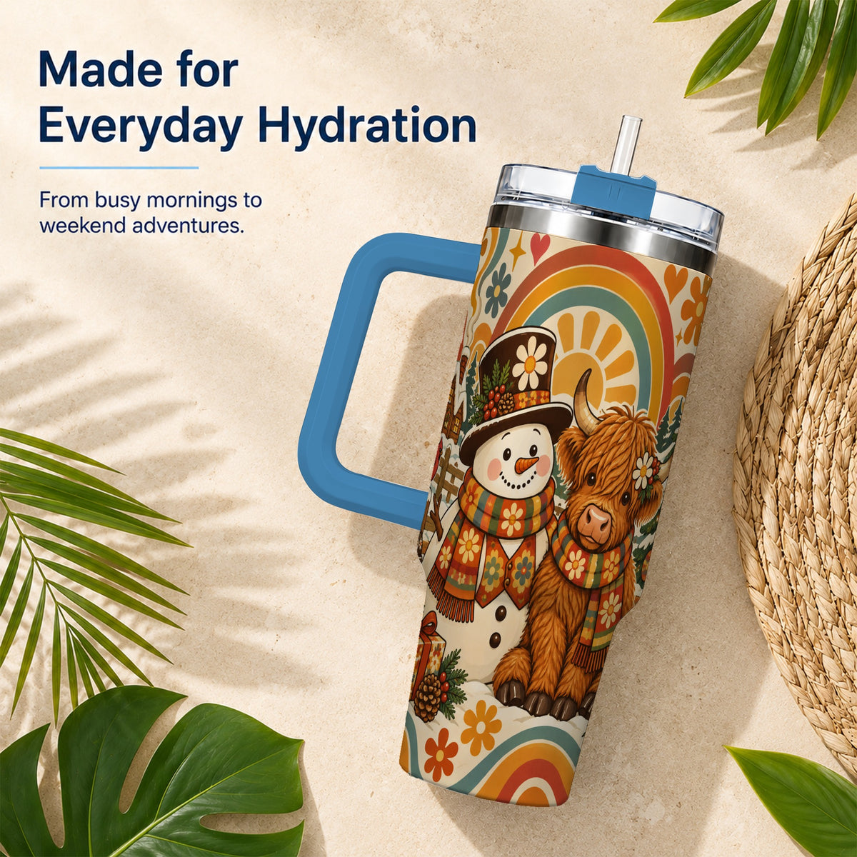 #pl[40oz|Blue] Retro Cow Snowman 40oz Tumbler with Handle, Winter Stainless Steel Cup