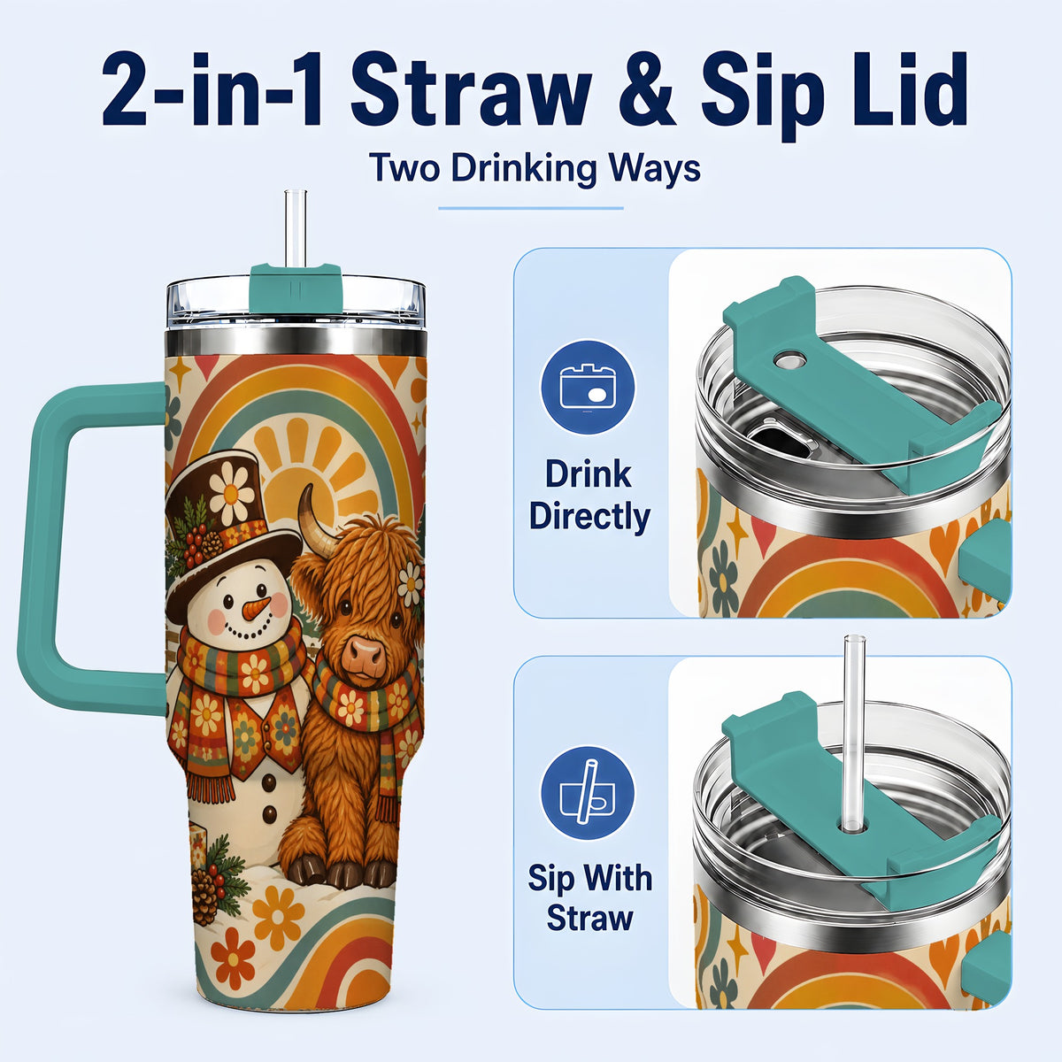 #pl[40oz|Green] Retro Cow Snowman 40oz Tumbler with Handle, Winter Stainless Steel Cup