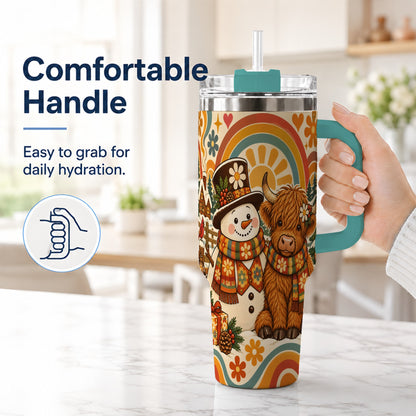 #pl[40oz|Green] Retro Cow Snowman 40oz Tumbler with Handle, Winter Stainless Steel Cup