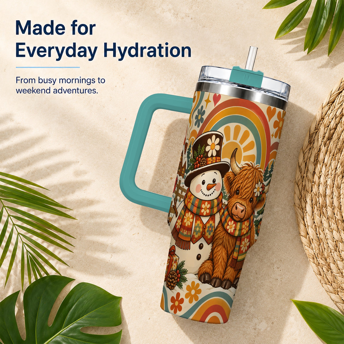 #pl[40oz|Green] Retro Cow Snowman 40oz Tumbler with Handle, Winter Stainless Steel Cup