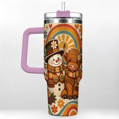 #pl[40oz|Pink] Retro Cow Snowman 40oz Tumbler with Handle, Winter Stainless Steel Cup