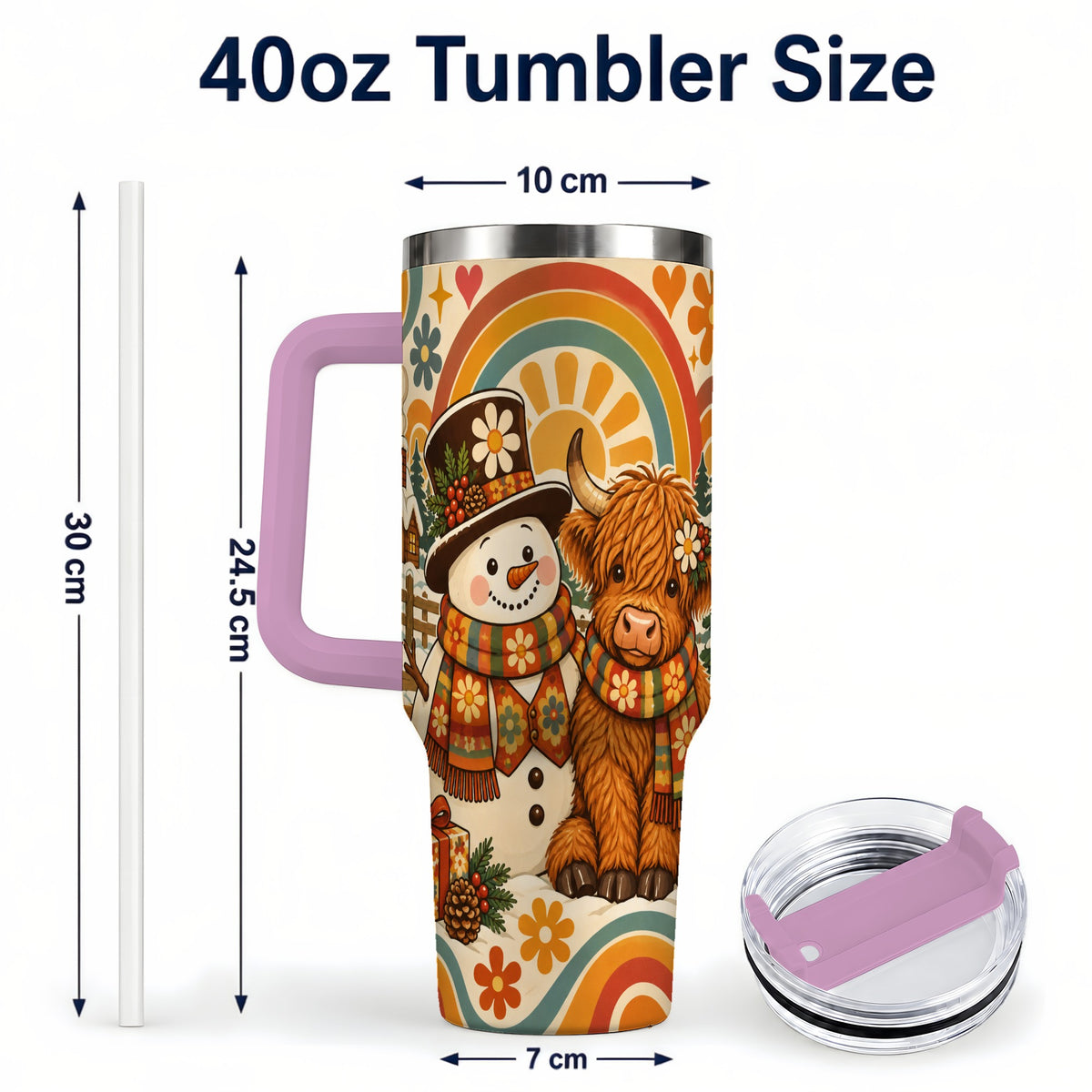 #pl[40oz|Pink] Retro Cow Snowman 40oz Tumbler with Handle, Winter Stainless Steel Cup