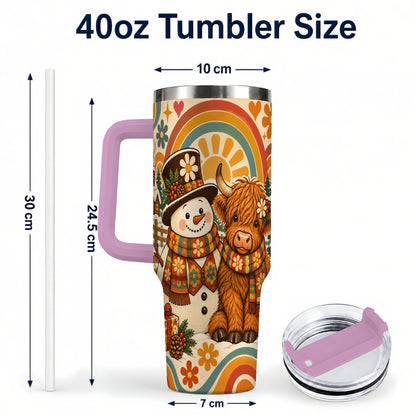 #pl[40oz|Pink] Retro Cow Snowman 40oz Tumbler with Handle, Winter Stainless Steel Cup