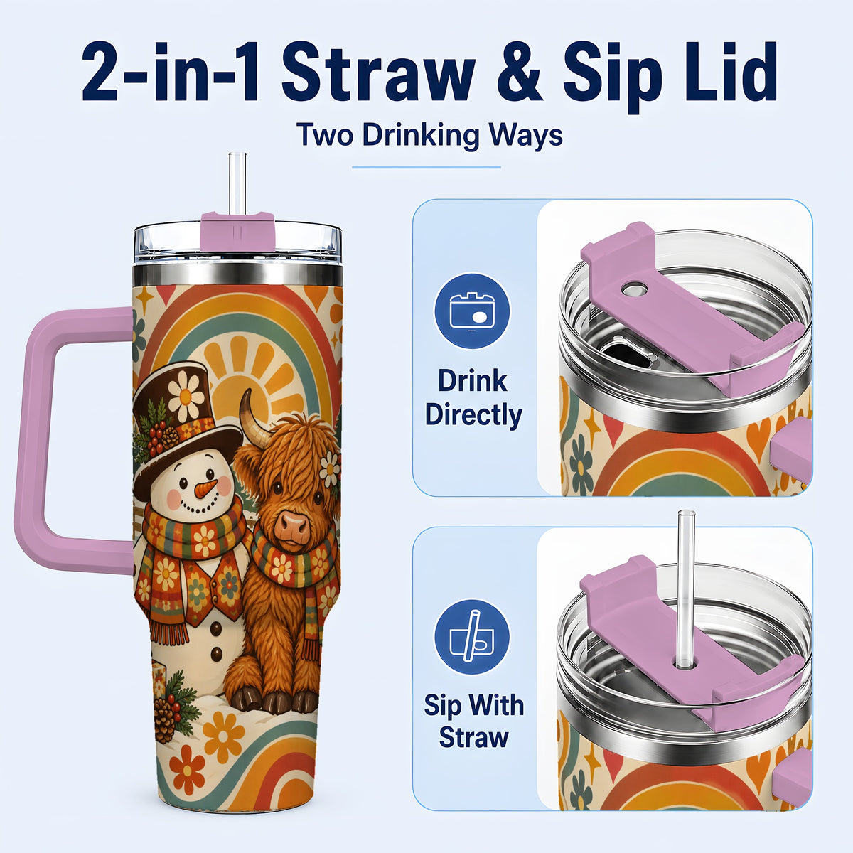 #pl[40oz|Pink] Retro Cow Snowman 40oz Tumbler with Handle, Winter Stainless Steel Cup