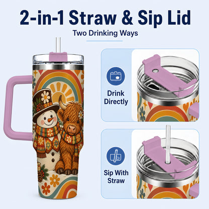 #pl[40oz|Pink] Retro Cow Snowman 40oz Tumbler with Handle, Winter Stainless Steel Cup