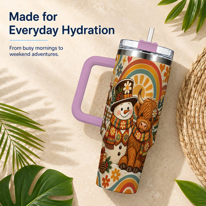 #pl[40oz|Pink] Retro Cow Snowman 40oz Tumbler with Handle, Winter Stainless Steel Cup