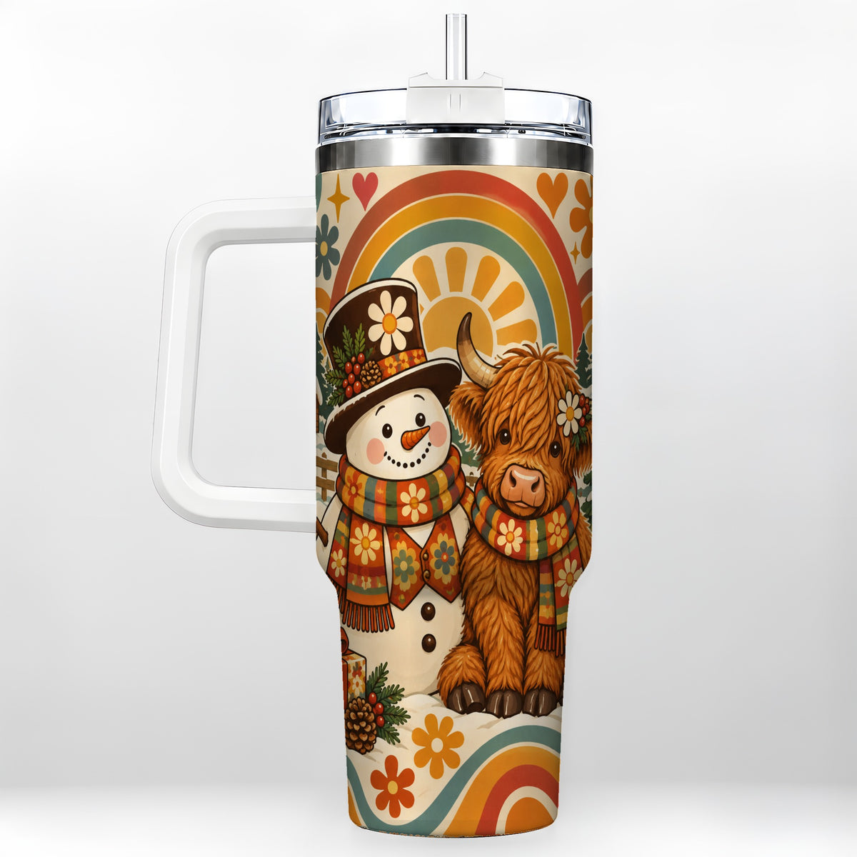 Retro Cow Snowman 40oz Tumbler with Handle, Winter Stainless Steel Cup