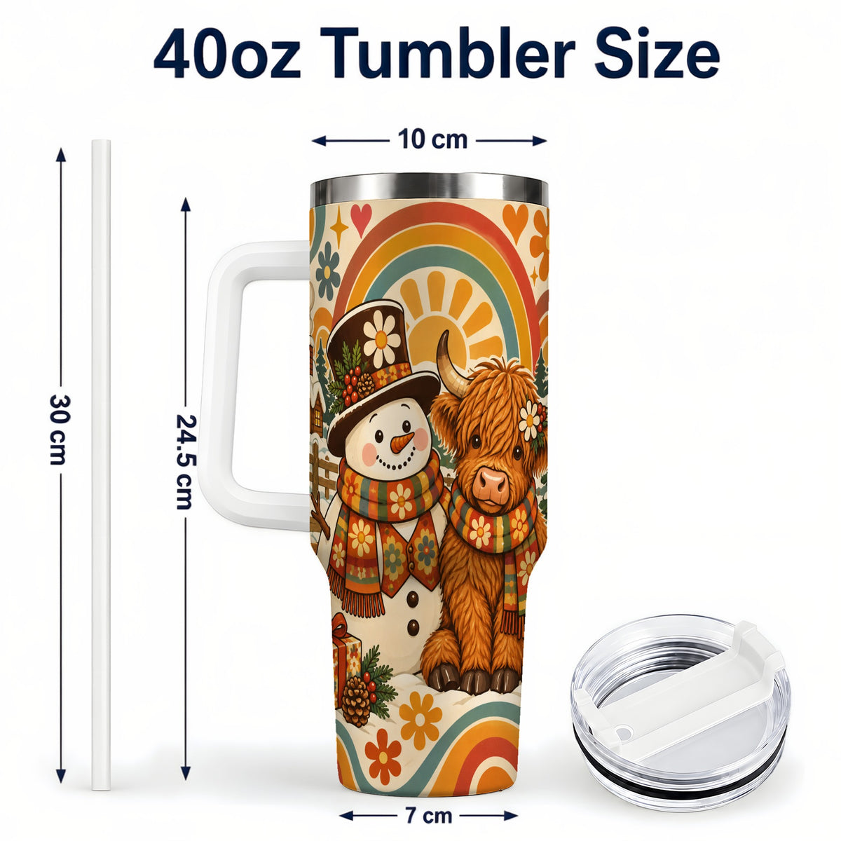 #pl[40oz|White] Retro Cow Snowman 40oz Tumbler with Handle, Winter Stainless Steel Cup