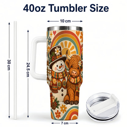 #pl[40oz|White] Retro Cow Snowman 40oz Tumbler with Handle, Winter Stainless Steel Cup