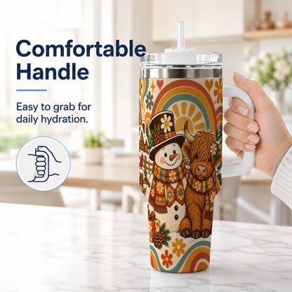 #pl[40oz|White] Retro Cow Snowman 40oz Tumbler with Handle, Winter Stainless Steel Cup