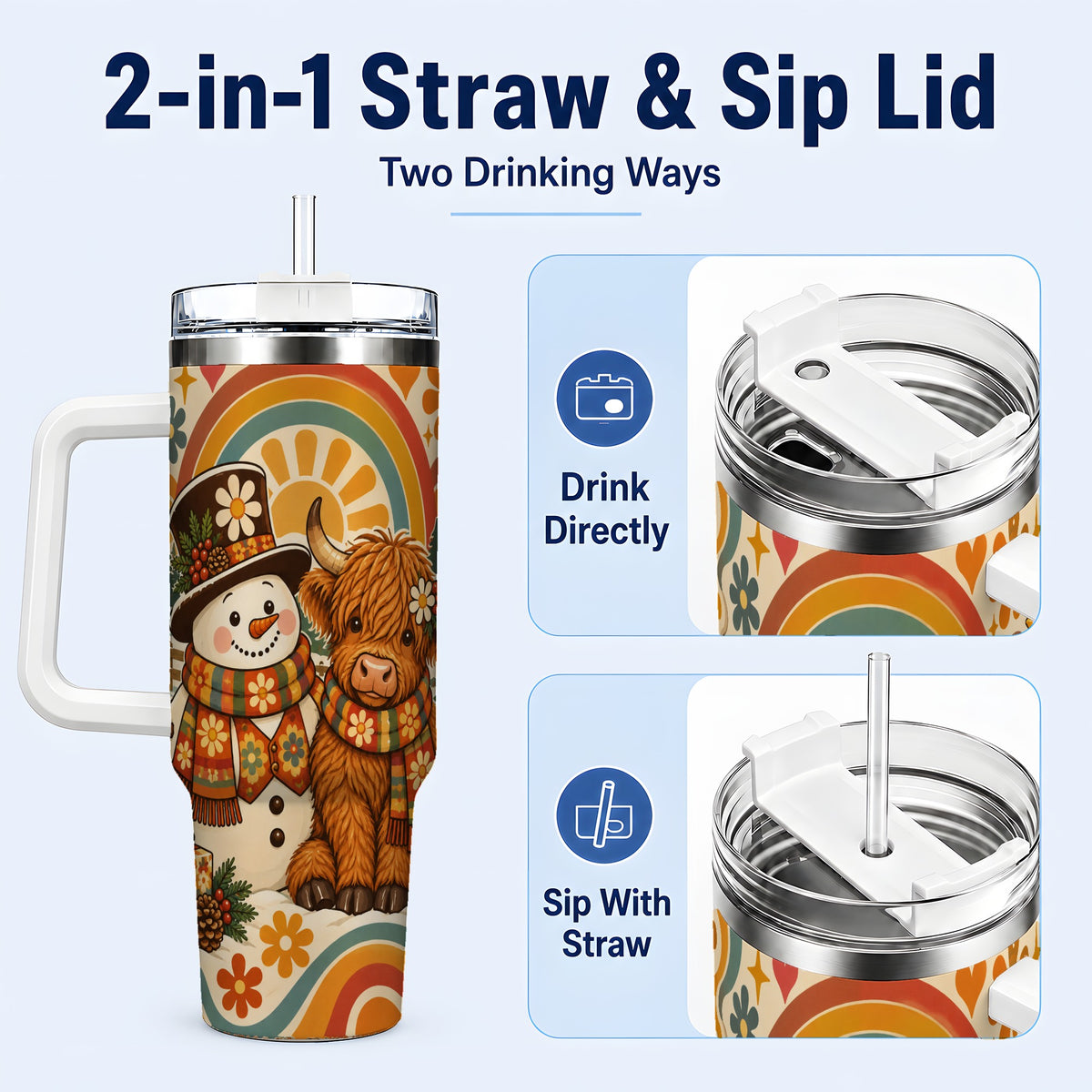 #pl[40oz|White] Retro Cow Snowman 40oz Tumbler with Handle, Winter Stainless Steel Cup