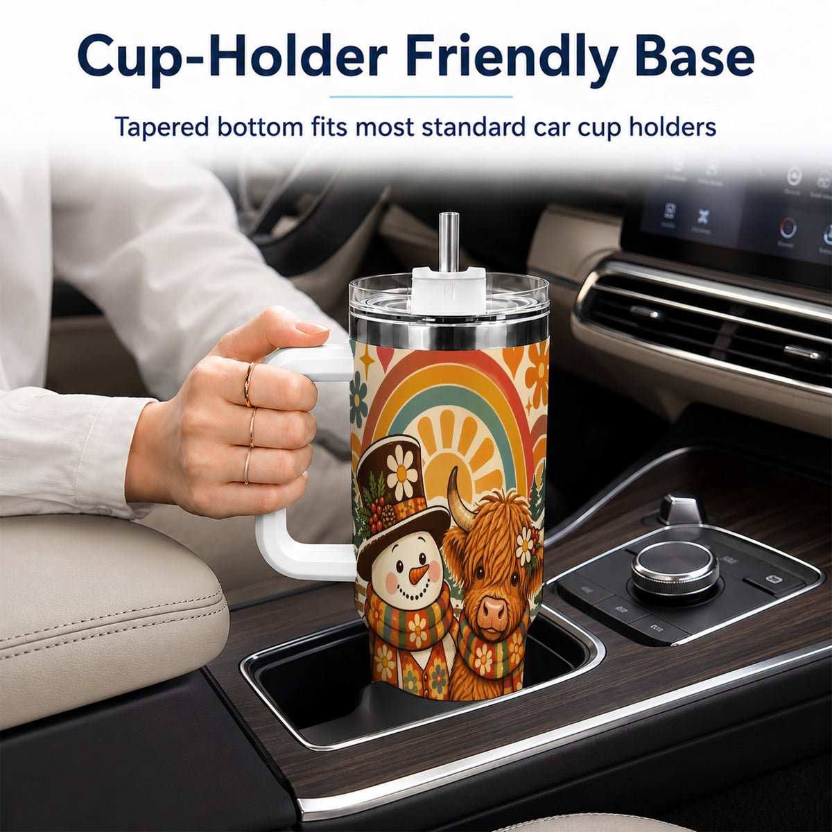 #pl[40oz|White] Retro Cow Snowman 40oz Tumbler with Handle, Winter Stainless Steel Cup