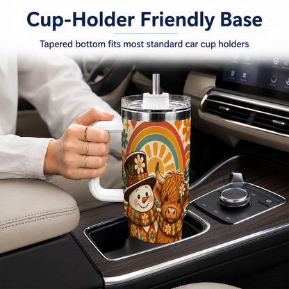 #pl[40oz|White] Retro Cow Snowman 40oz Tumbler with Handle, Winter Stainless Steel Cup