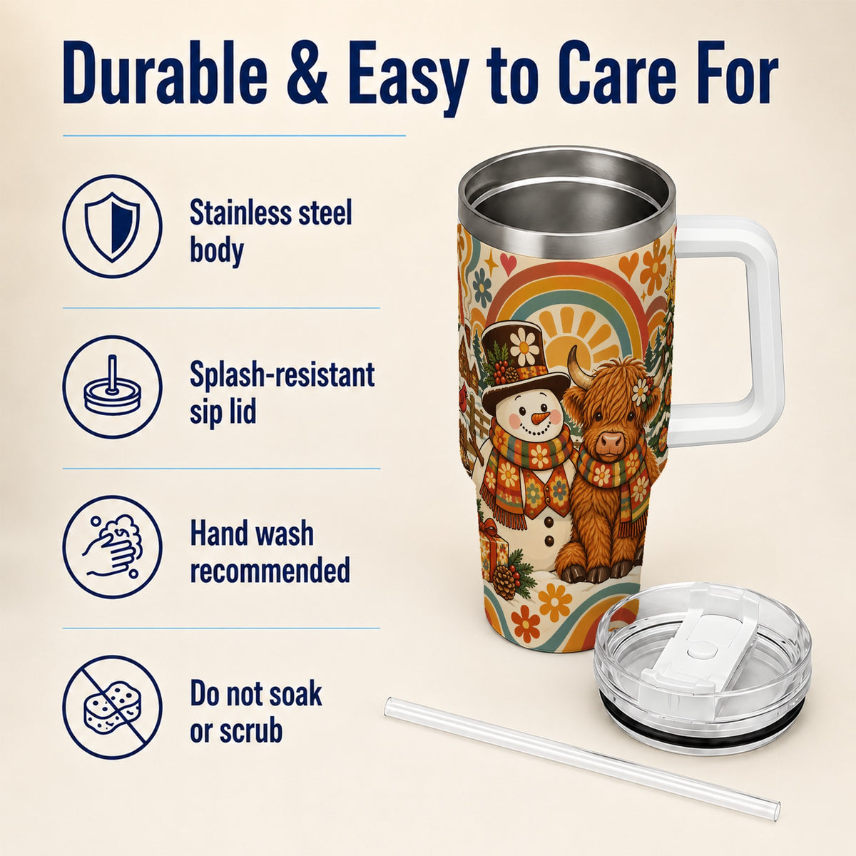 #pl[40oz|White] Retro Cow Snowman 40oz Tumbler with Handle, Winter Stainless Steel Cup