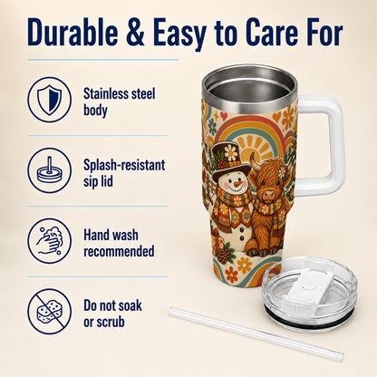 #pl[40oz|White] Retro Cow Snowman 40oz Tumbler with Handle, Winter Stainless Steel Cup