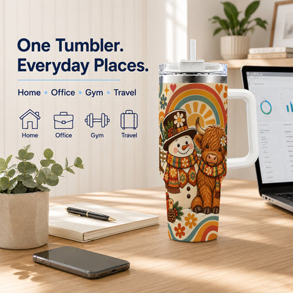 #pl[40oz|White] Retro Cow Snowman 40oz Tumbler with Handle, Winter Stainless Steel Cup