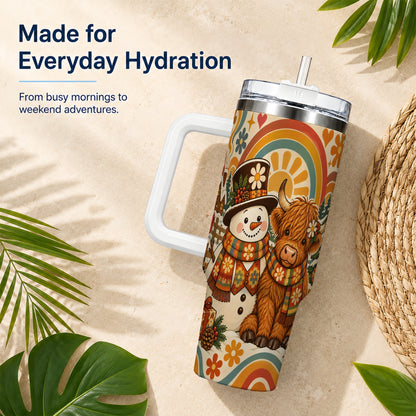 #pl[40oz|White] Retro Cow Snowman 40oz Tumbler with Handle, Winter Stainless Steel Cup
