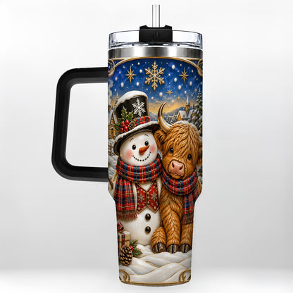 #pl[40oz|Black] Cow Snowman 40oz Tumbler with Handle, Tartan Winter Stainless Steel Cup