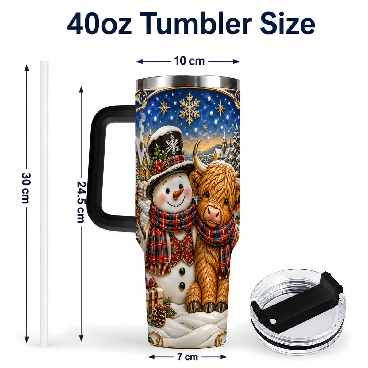 #pl[40oz|Black] Cow Snowman 40oz Tumbler with Handle, Tartan Winter Stainless Steel Cup