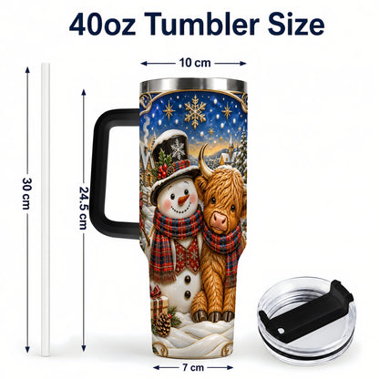 #pl[40oz|Black] Cow Snowman 40oz Tumbler with Handle, Tartan Winter Stainless Steel Cup