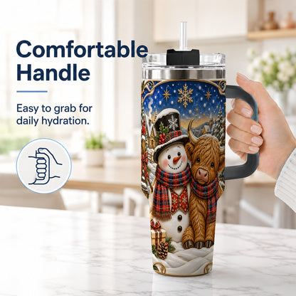 #pl[40oz|Black] Cow Snowman 40oz Tumbler with Handle, Tartan Winter Stainless Steel Cup