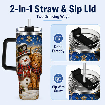 #pl[40oz|Black] Cow Snowman 40oz Tumbler with Handle, Tartan Winter Stainless Steel Cup