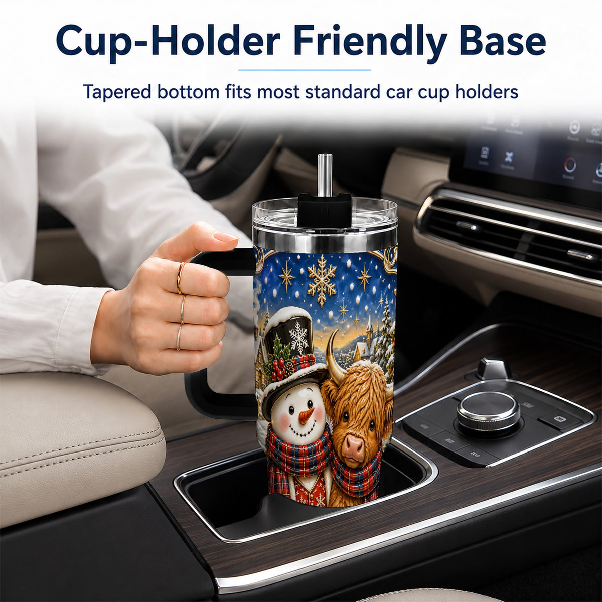 #pl[40oz|Black] Cow Snowman 40oz Tumbler with Handle, Tartan Winter Stainless Steel Cup