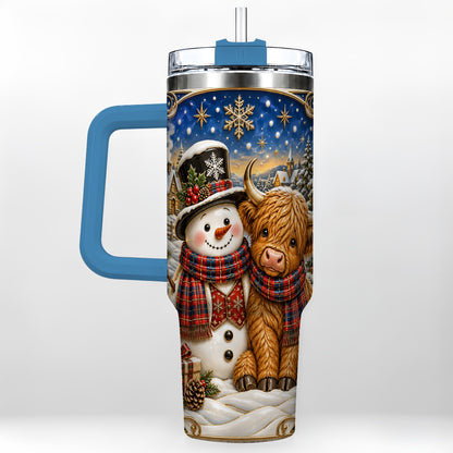 #pl[40oz|Blue] Cow Snowman 40oz Tumbler with Handle, Tartan Winter Stainless Steel Cup