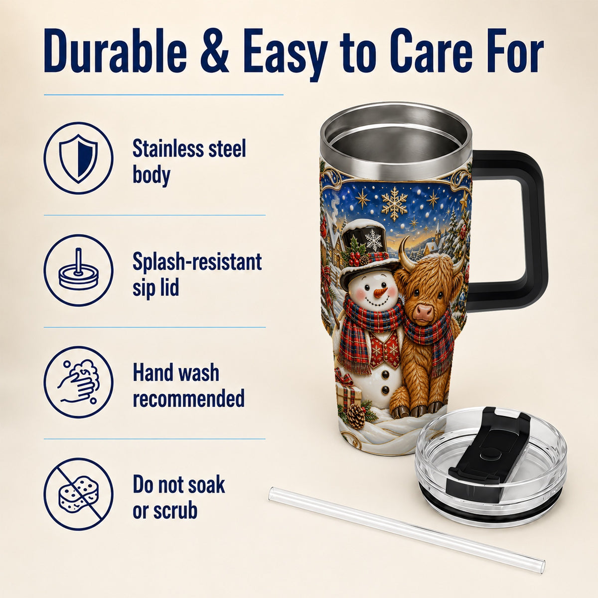 #pl[40oz|Black] Cow Snowman 40oz Tumbler with Handle, Tartan Winter Stainless Steel Cup