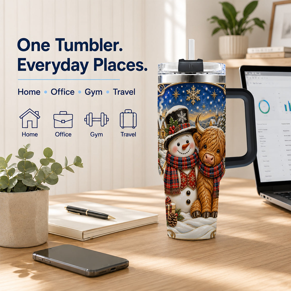 #pl[40oz|Black] Cow Snowman 40oz Tumbler with Handle, Tartan Winter Stainless Steel Cup