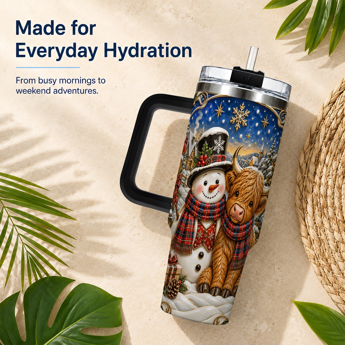 #pl[40oz|Black] Cow Snowman 40oz Tumbler with Handle, Tartan Winter Stainless Steel Cup