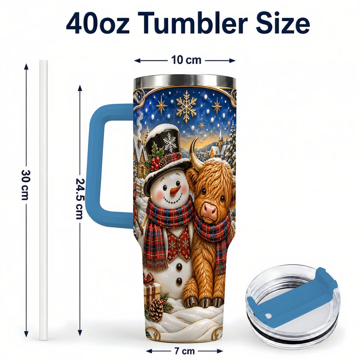 #pl[40oz|Blue] Cow Snowman 40oz Tumbler with Handle, Tartan Winter Stainless Steel Cup
