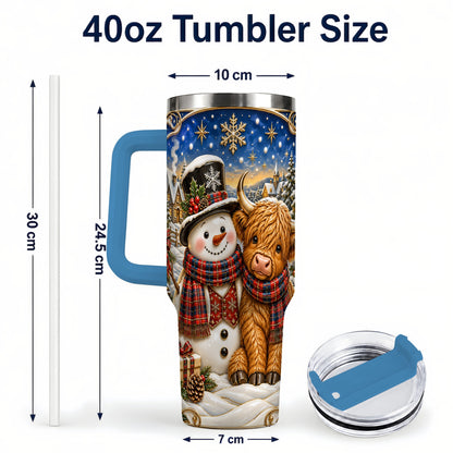 #pl[40oz|Blue] Cow Snowman 40oz Tumbler with Handle, Tartan Winter Stainless Steel Cup