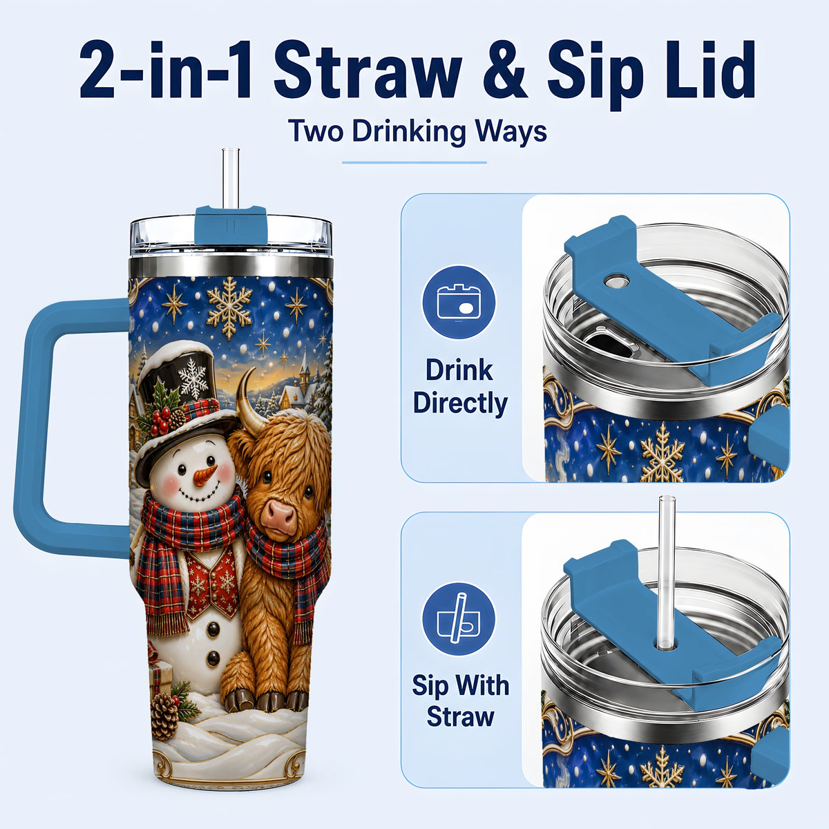 #pl[40oz|Blue] Cow Snowman 40oz Tumbler with Handle, Tartan Winter Stainless Steel Cup