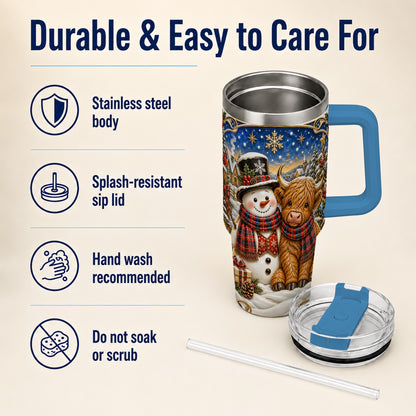 #pl[40oz|Blue] Cow Snowman 40oz Tumbler with Handle, Tartan Winter Stainless Steel Cup