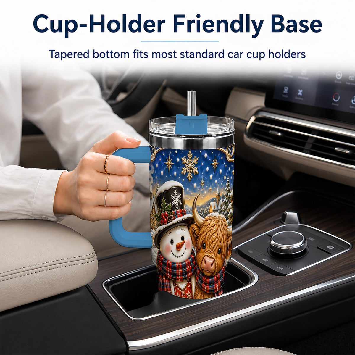 #pl[40oz|Blue] Cow Snowman 40oz Tumbler with Handle, Tartan Winter Stainless Steel Cup