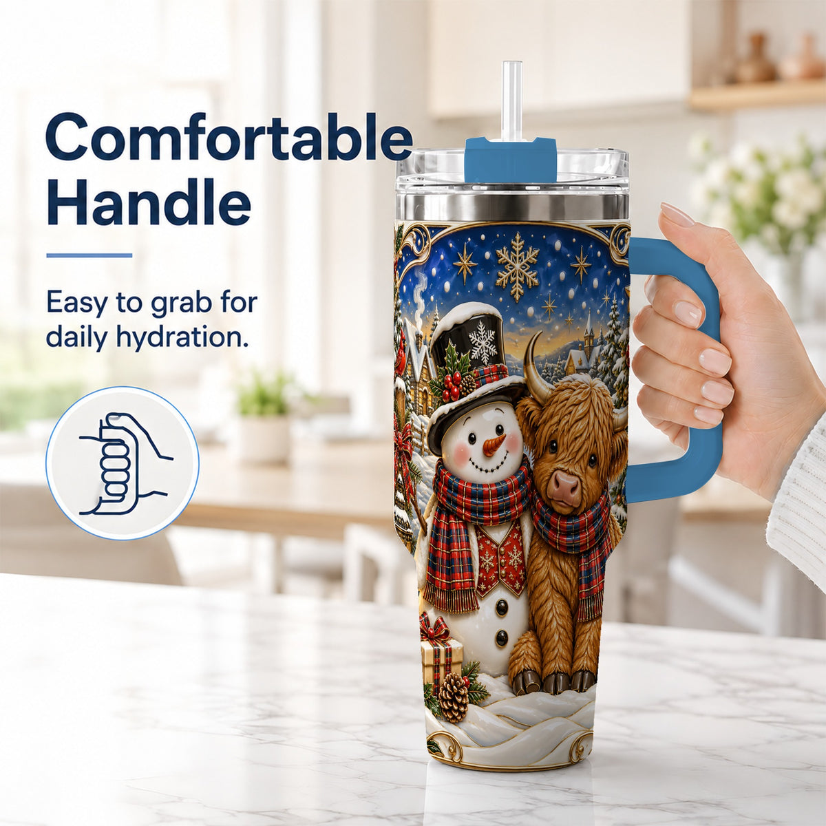 #pl[40oz|Blue] Cow Snowman 40oz Tumbler with Handle, Tartan Winter Stainless Steel Cup