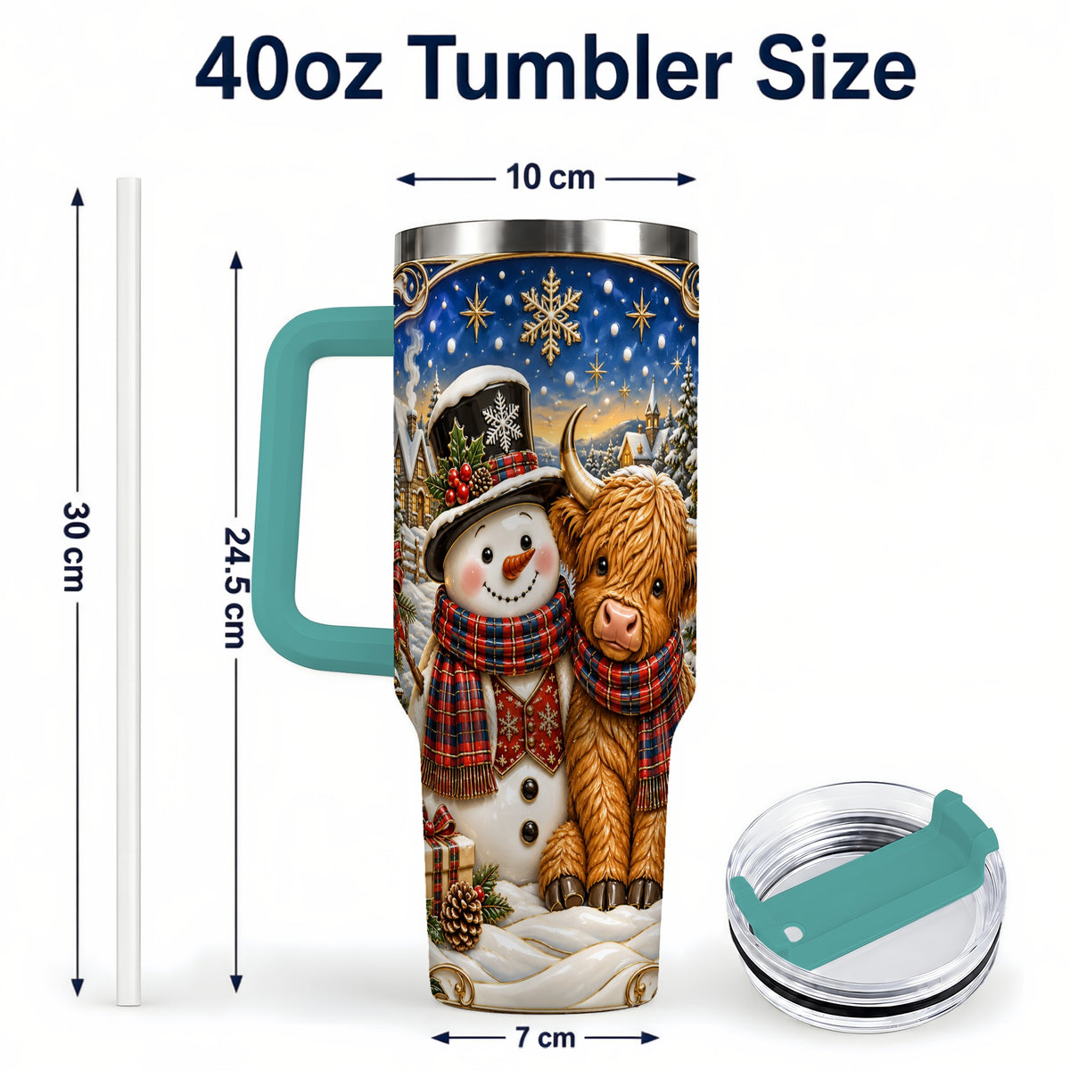#pl[40oz|Green] Cow Snowman 40oz Tumbler with Handle, Tartan Winter Stainless Steel Cup