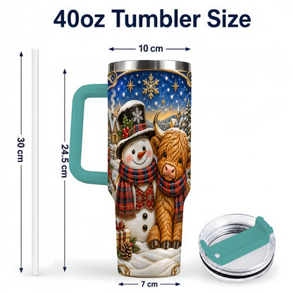 #pl[40oz|Green] Cow Snowman 40oz Tumbler with Handle, Tartan Winter Stainless Steel Cup