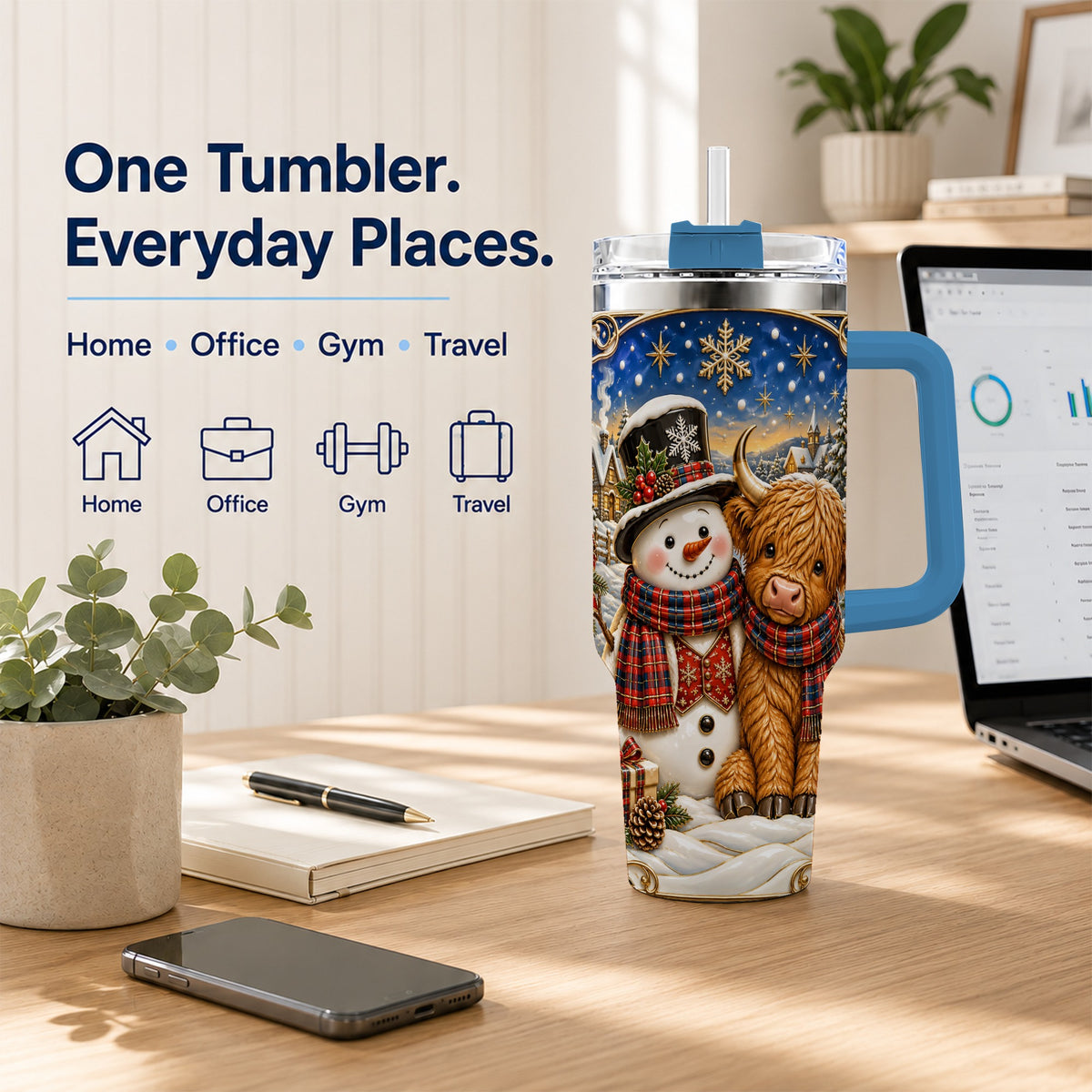#pl[40oz|Blue] Cow Snowman 40oz Tumbler with Handle, Tartan Winter Stainless Steel Cup