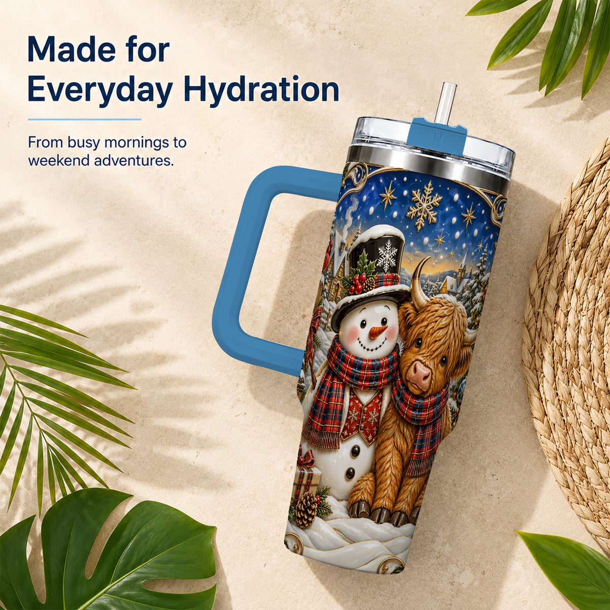 #pl[40oz|Blue] Cow Snowman 40oz Tumbler with Handle, Tartan Winter Stainless Steel Cup