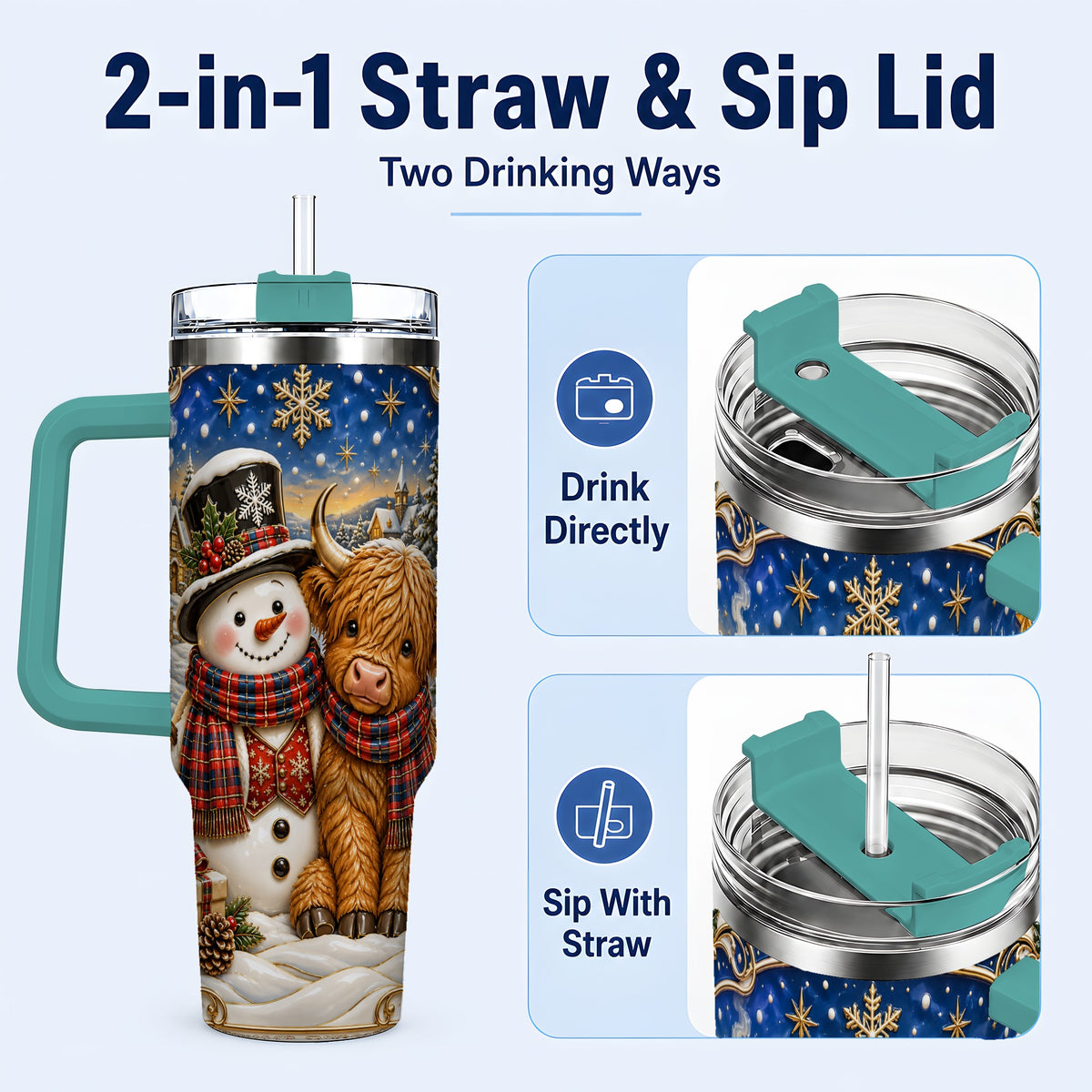 #pl[40oz|Green] Cow Snowman 40oz Tumbler with Handle, Tartan Winter Stainless Steel Cup